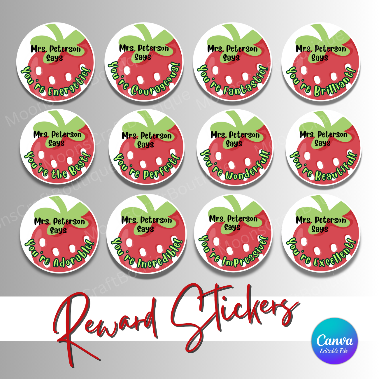 Set of cute strawberry-themed student reward stickers, printable and editable via Canva, ideal for classroom motivation, student achievements, and tracking progress.