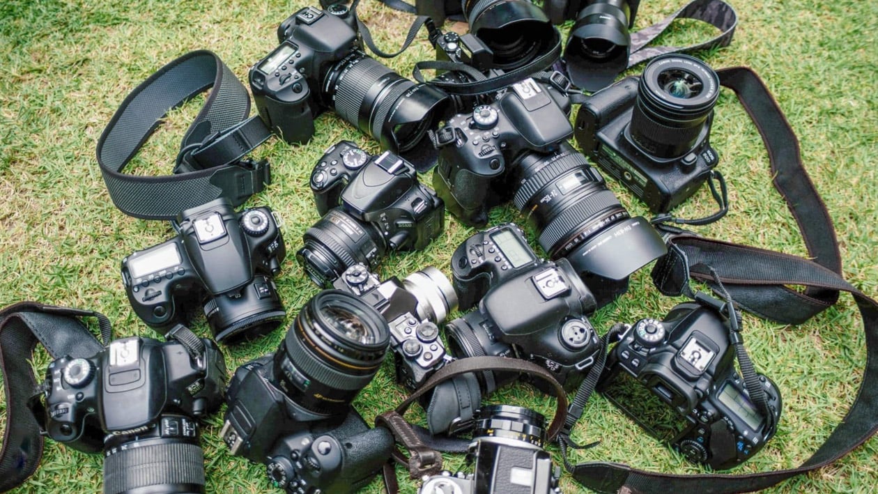 Multiple DSLR and mirrorless cameras with different lenses lying on green grass, representing the abundance of photography gear and the misconception that more equipment automatically leads to greater creativity, featured in The Creative Guide blog post “