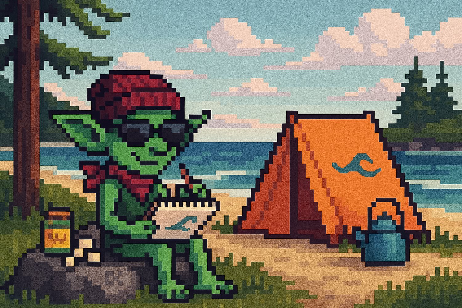 Pixel art of a green goblin wearing sunglasses, a red scarf, and a burgundy beanie, sitting on a rock near an orange A-frame tent on a beach by the ocean. The goblin sketches in a notebook with a wave design on the page. A jar of peanut butter sits nearby