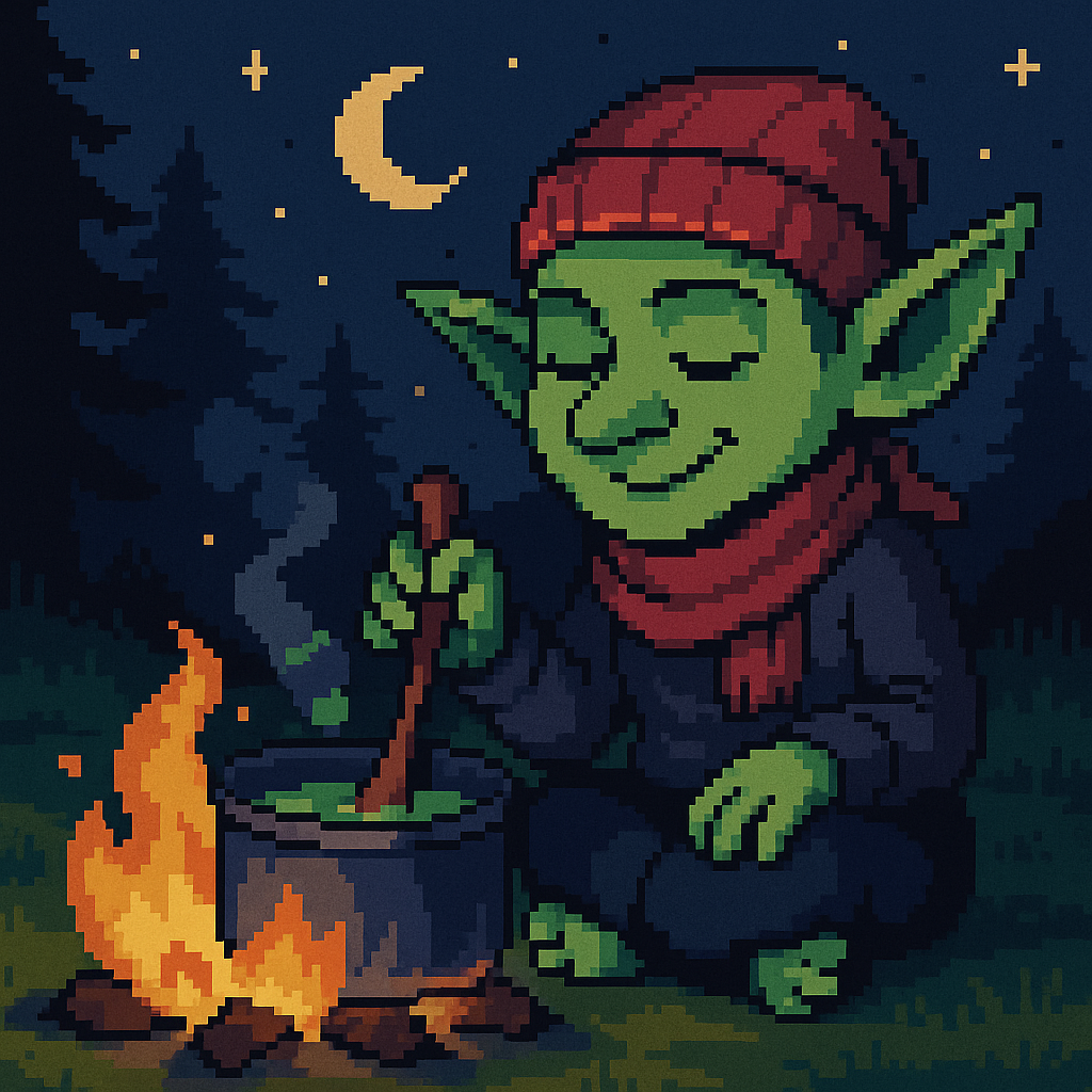 Pixel art of a green goblin with pointy ears, a red beanie, and a red scarf, sitting cross-legged by a campfire under a starry night sky. The goblin stirs a pot of glowing green stew with a wooden spoon, eyes closed in contentment. Tall dark pine trees and a crescent moon frame the peaceful forest scene.