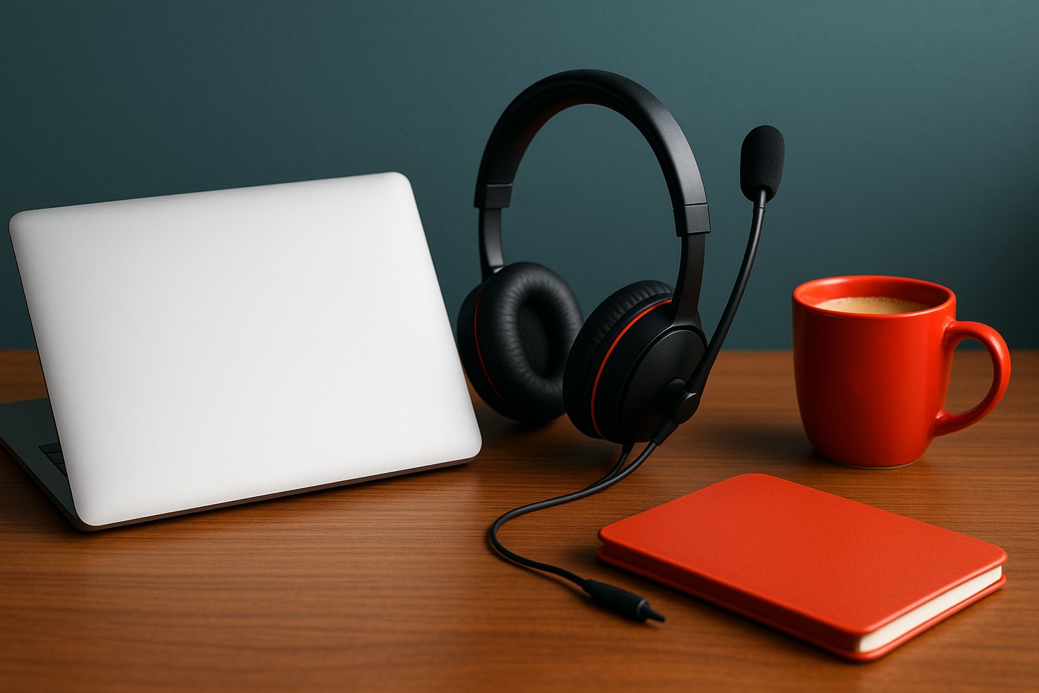 Poste de travail d’une télésecrétaire médicale à domicile avec ordinateur portable, casque micro, carnet et tasse de café
