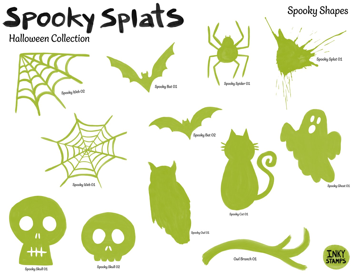 Spooky Splats - Halloween Collection - Spooky Shapes. Skulls, Bats, Spiderwebs, Owl, Cat, Ghost, Spider. Ink Splat. INKY STAMPS