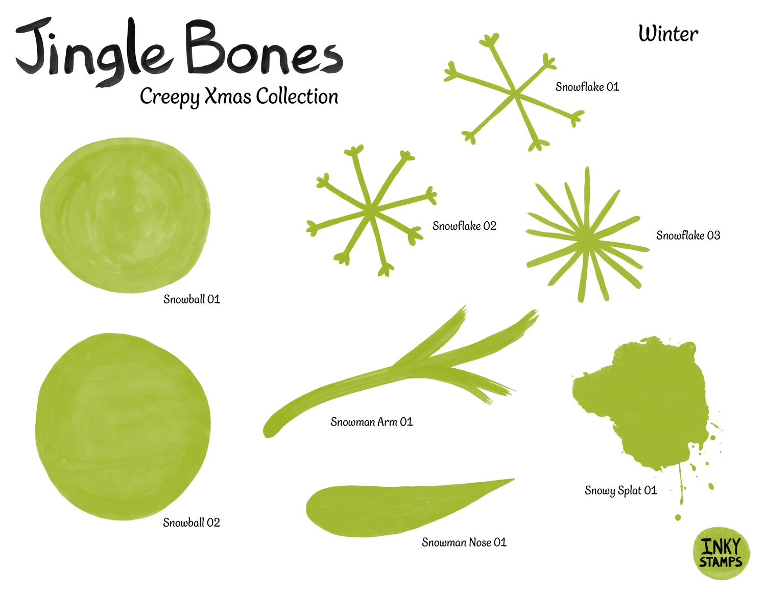 Jingle Bones - Creepy Xmas Collection. Winter Shapes INKY STAMPS. Smowballs, Snowflakes, Snowy Splat, Snowman Arm, Snowman Nose