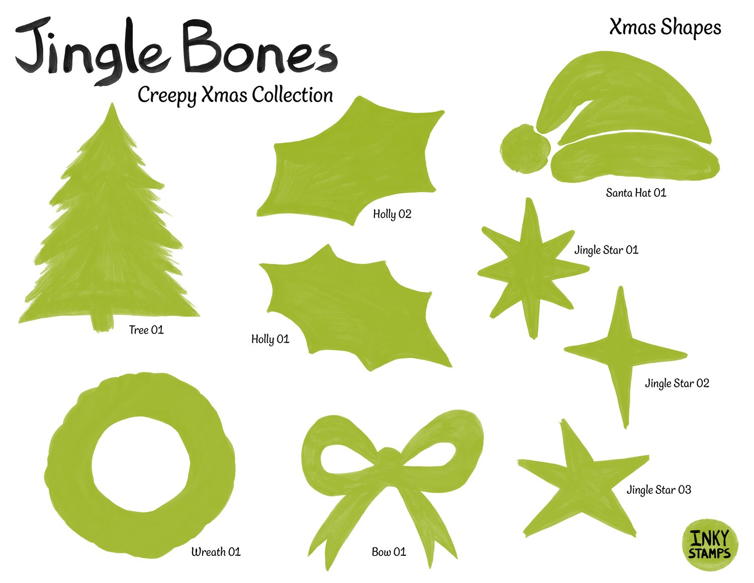 Jingle Bones - Creepy Xmas Collection. INKY STAMPS. Xmas Shapes. Christmas Tree, Holly, Wreath, Bow, Stars, Santa Hat