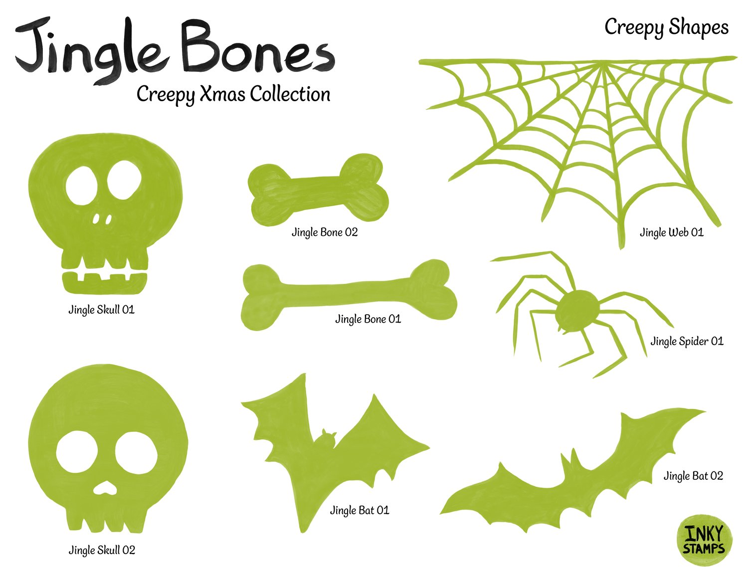 Jingle Bones - Creepy Xmas Collection. INKY STAMPS, Creepy Shapes. Skulls, Bats, Bones, Spider, Spiderweb