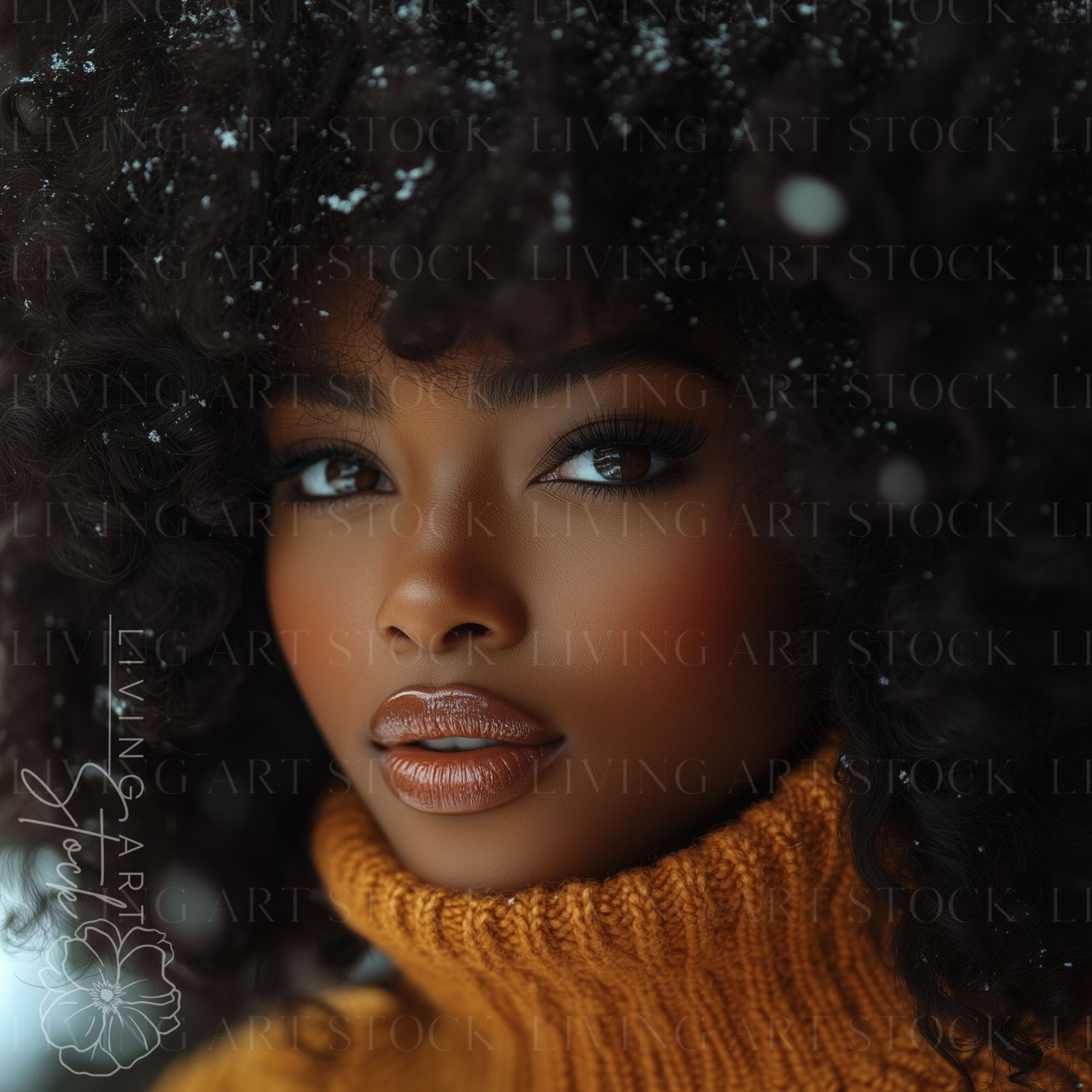 Beautiful Black Woman with Afro During Autumn Snowfall