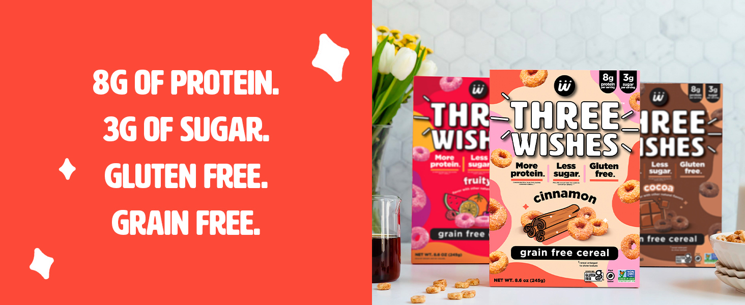Three Wishes Grain-Free & Protein Cereal - Healthy, Low Sugar & Gluten-Free Breakfast Cereal - Low Carb, Plant-Based, Vegan & Non-GMO - Variety 3-Pack