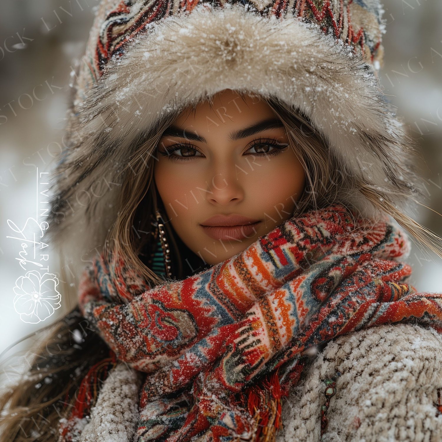 Beautiful Woman Dressed in Cozy Fashion During Winter Snow