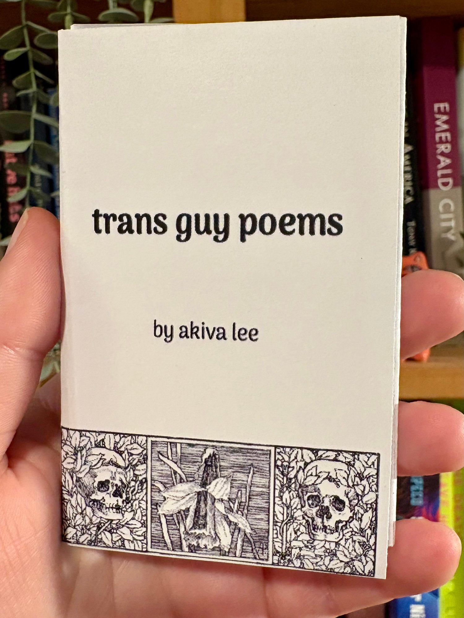 Trans guy poems zine held up in front of a bookcase.