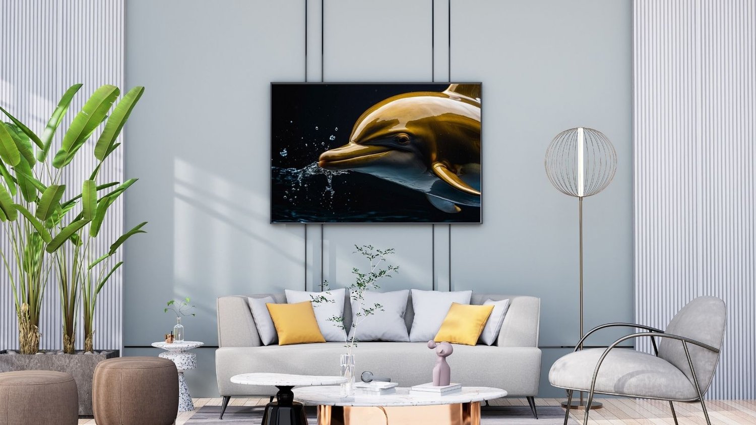 Close-up image of a sleek golden dolphin gliding through dark water, with droplets splashing around its mouth. The dolphin’s smooth, reflective surface shines under the light, creating a striking contrast against the deep black background. Elegant and mod