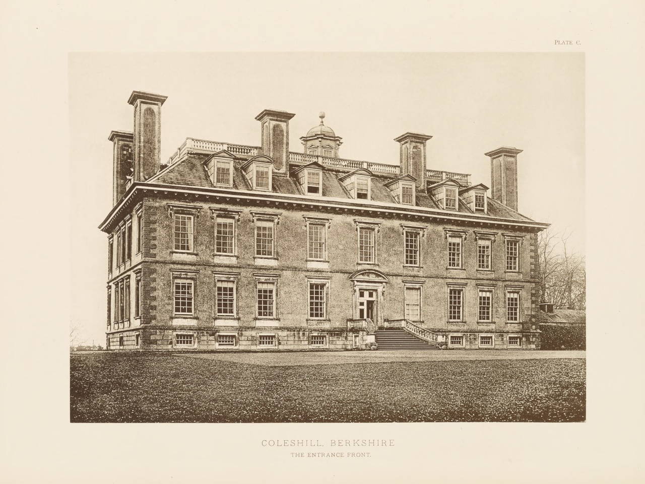 A historical black and white photograph of Coleshill House, the 17th-century mansion that inspired the setting for The Secret of Langton Manor.