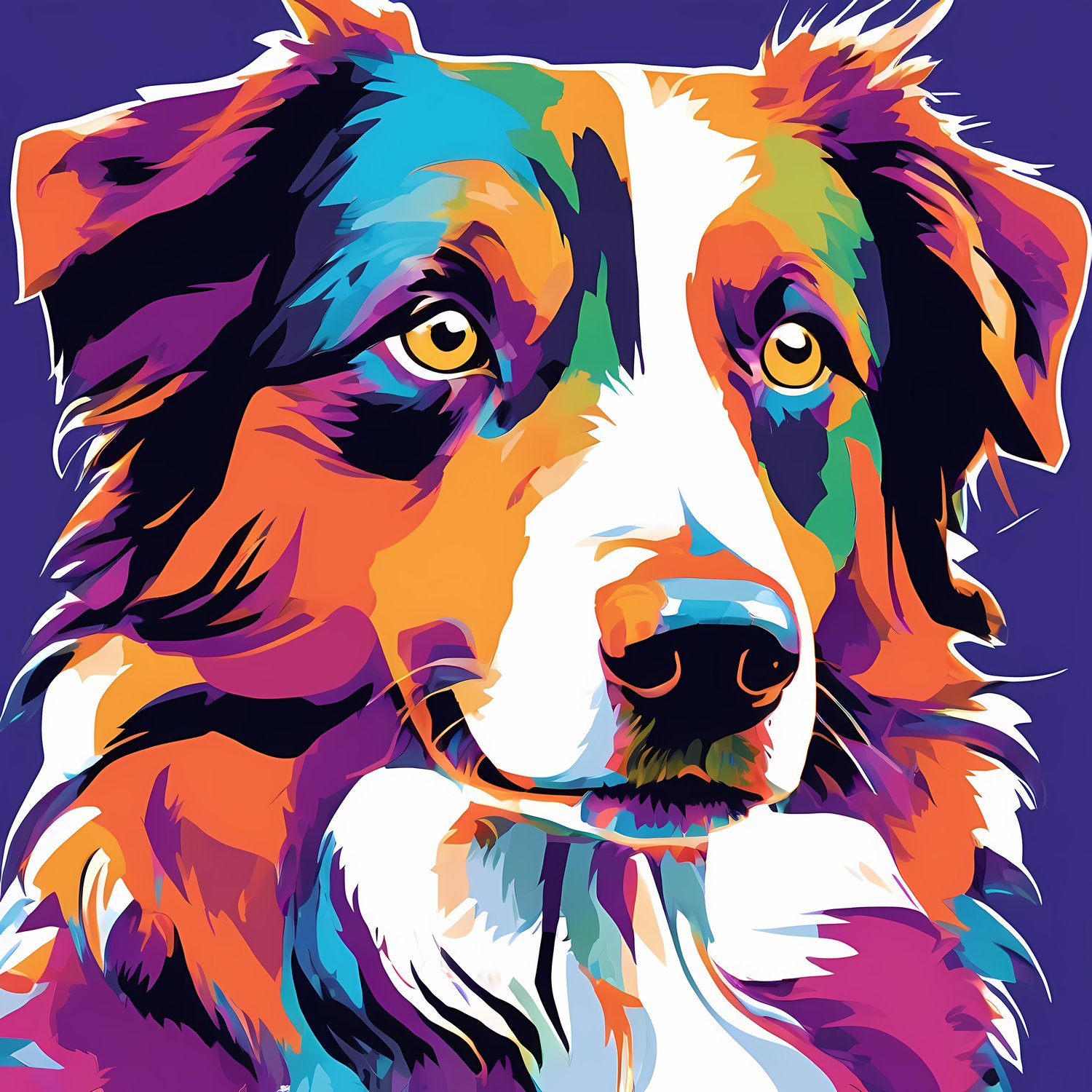 Australian Shepherd portrait in bold Pop Art style
