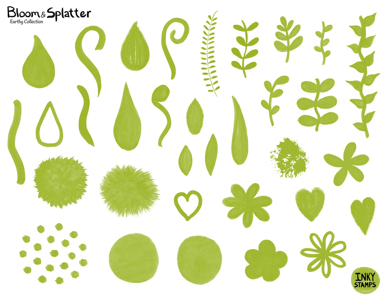 Bloom and Splatter, Earthy Collection. Stamped shapes - flowers, leaf stalks, vines, stems, leaves, dots, petals, raindrops, hearts and an ink splat. INKY STAMPS