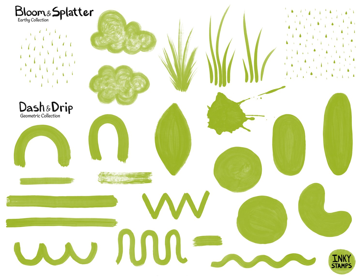 Bloom and Splatter, Earthy Collection. Shaped shapes of clouds, raindrops and grass. Dash and Drip, Geometric Collection. Stamped shaped of arches, lines, brush stroked lines, scallop line, squiggly line, zig zag, almond, kidney, dots, ovals and an ink sp