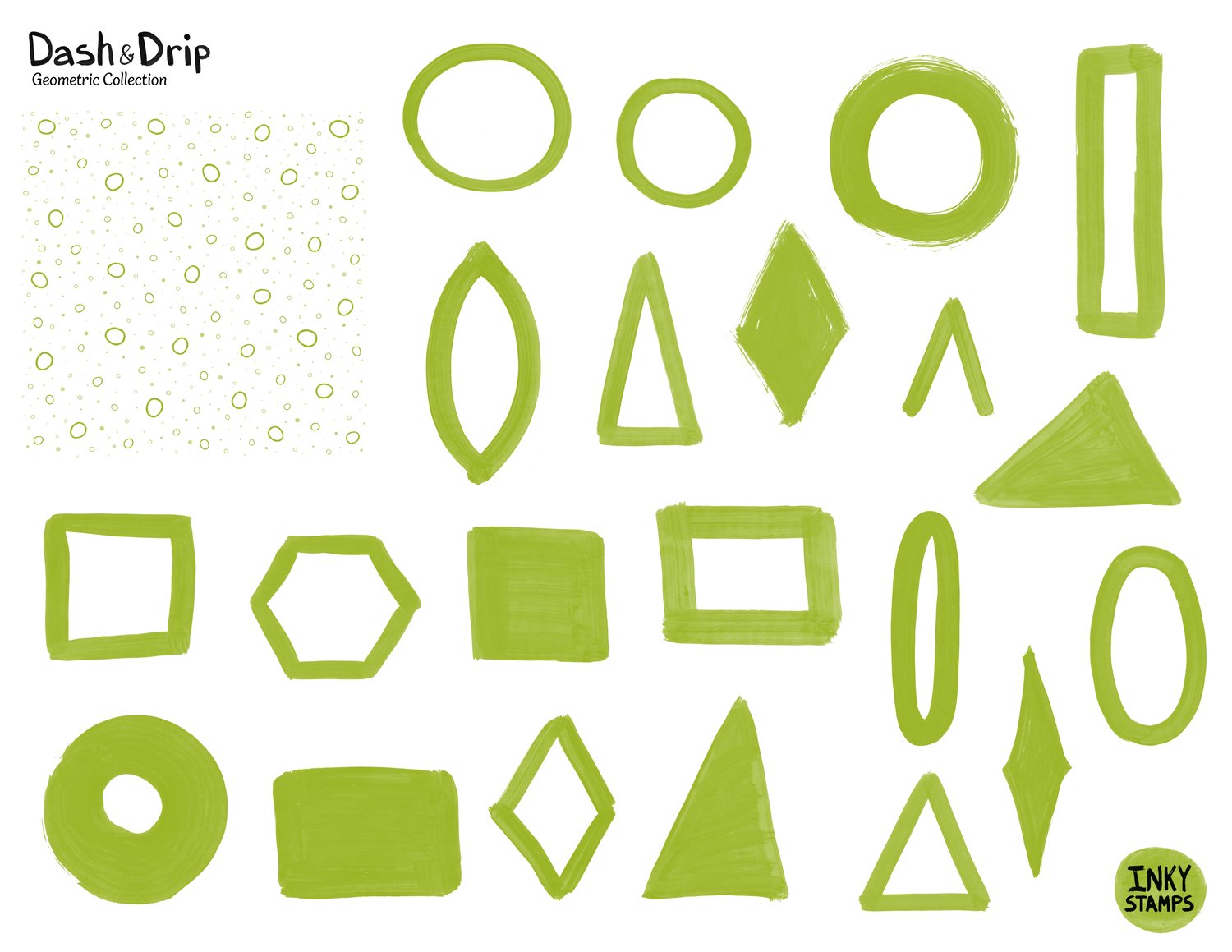 Dash and Drip, Geometric Collection. Stamp shapes of circles, rectangles, squares, diamonds, triangles, chevron, ovals, hexagon and Ring Toss, seamless repeat pattern background stamp. INKY STAMPS
