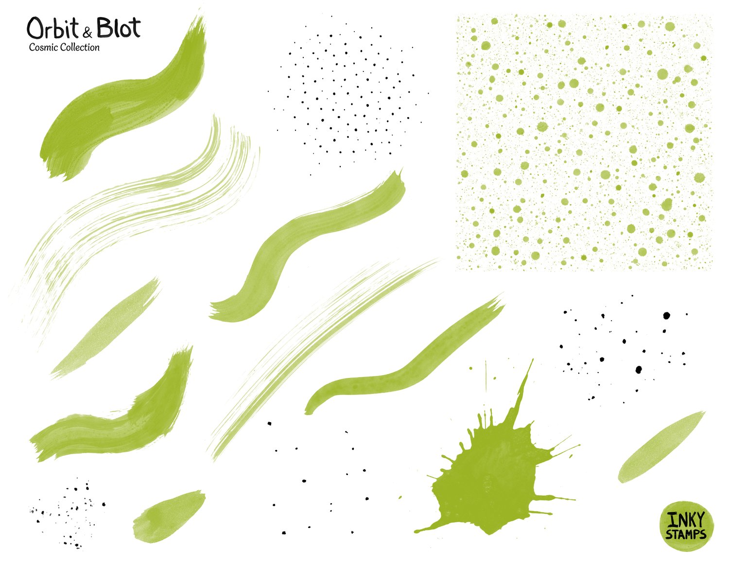 Orbit and Blot, Cosmic Collection. Stamps of Streaks and textures. Dry Brush Streaks, Space Noise background and an INK splat. INKY STAMPS