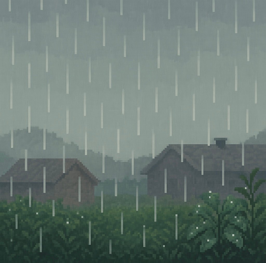 AI-generated pixel art of grey rain falling down on a landscape with brown buildings, green grass, plants, and hills in the background.