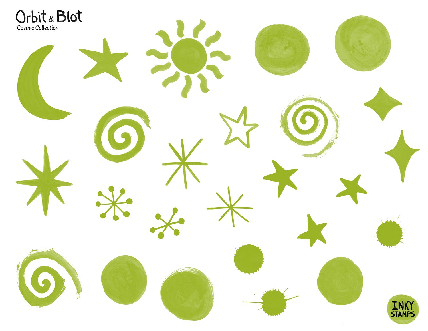 Orbit and Blot - Cosmic Collection. Celestial shaped stamps - Moon, Sun, Swirls, Dots, Stars, Atomic Stars, Retro Stars, INKY STAMPS