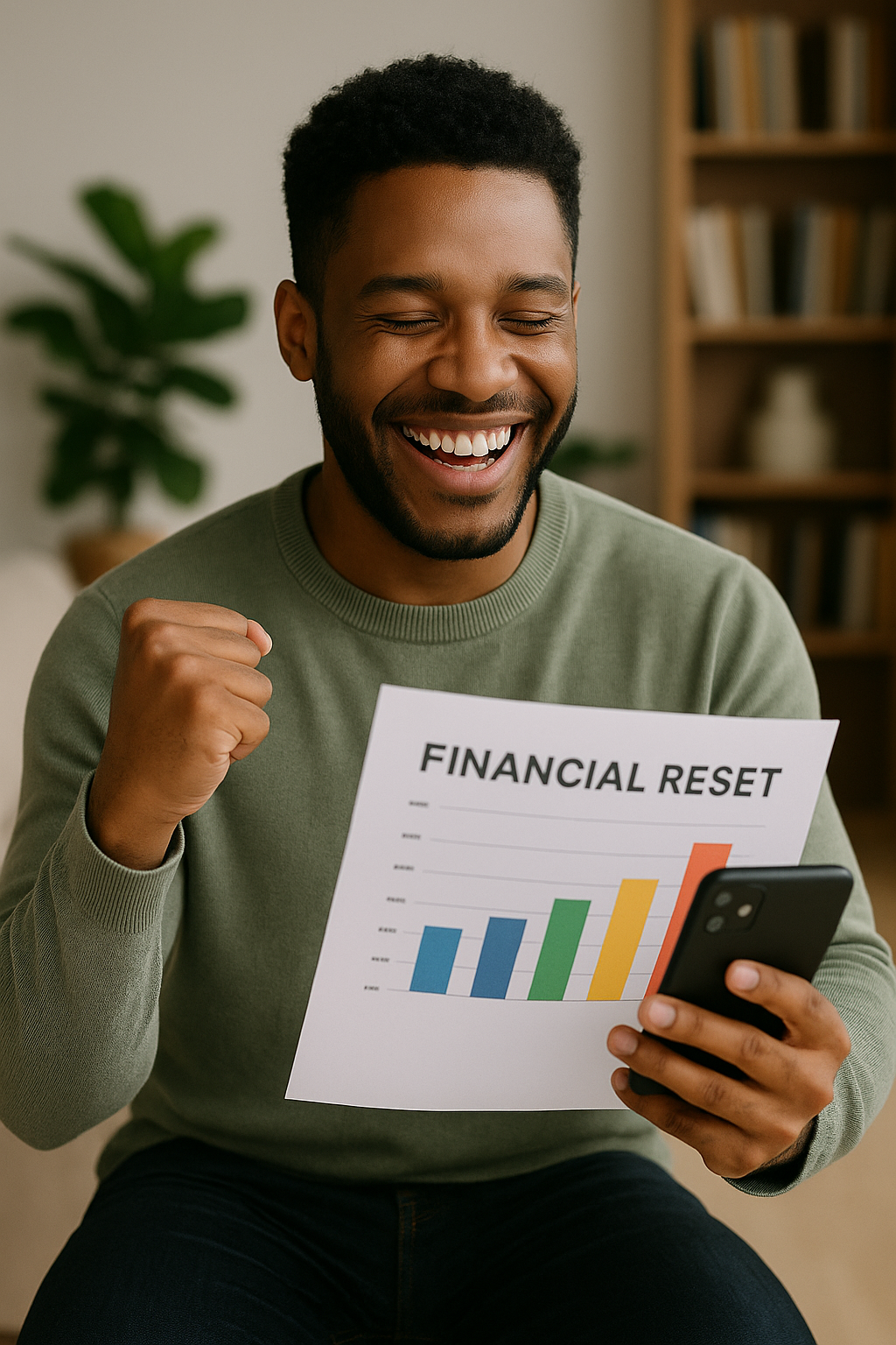 Smiling African American man celebrating financial freedom and personal money success, aligned with Eros Reclusion's financial literacy mentorship. Eros Reclusion