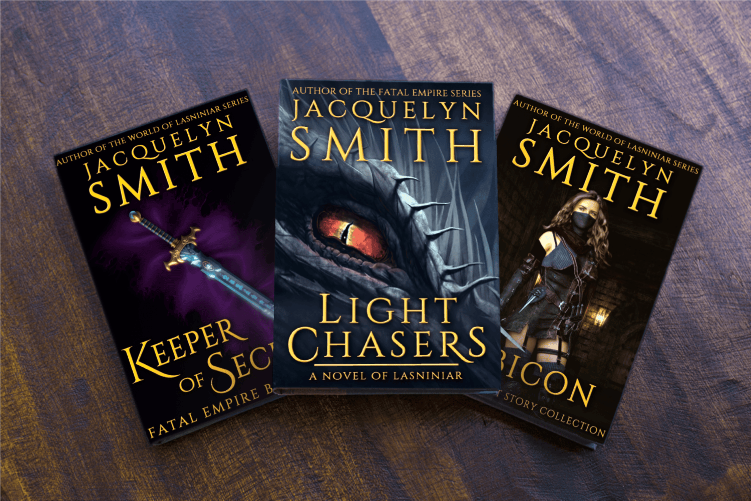 fantasy books by Jacquelyn Smith on table