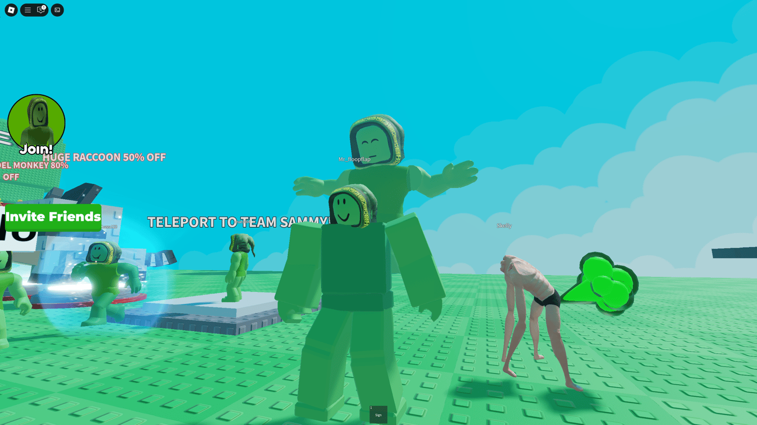 Roblox players with green bean avatars standing together in a lobby