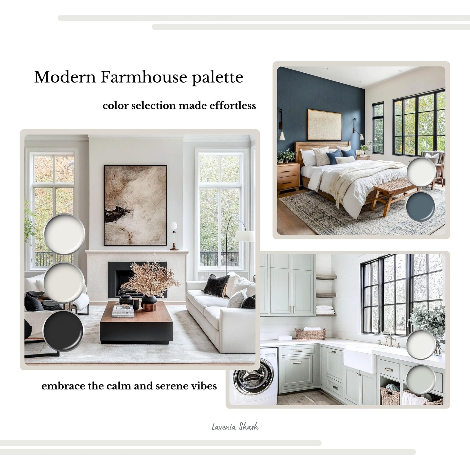 Modern Farmhouse paint color palette. Nordic, Cottage, Country, and Farmhouse-inspired interiors. Curated by Lavenia Shash.
