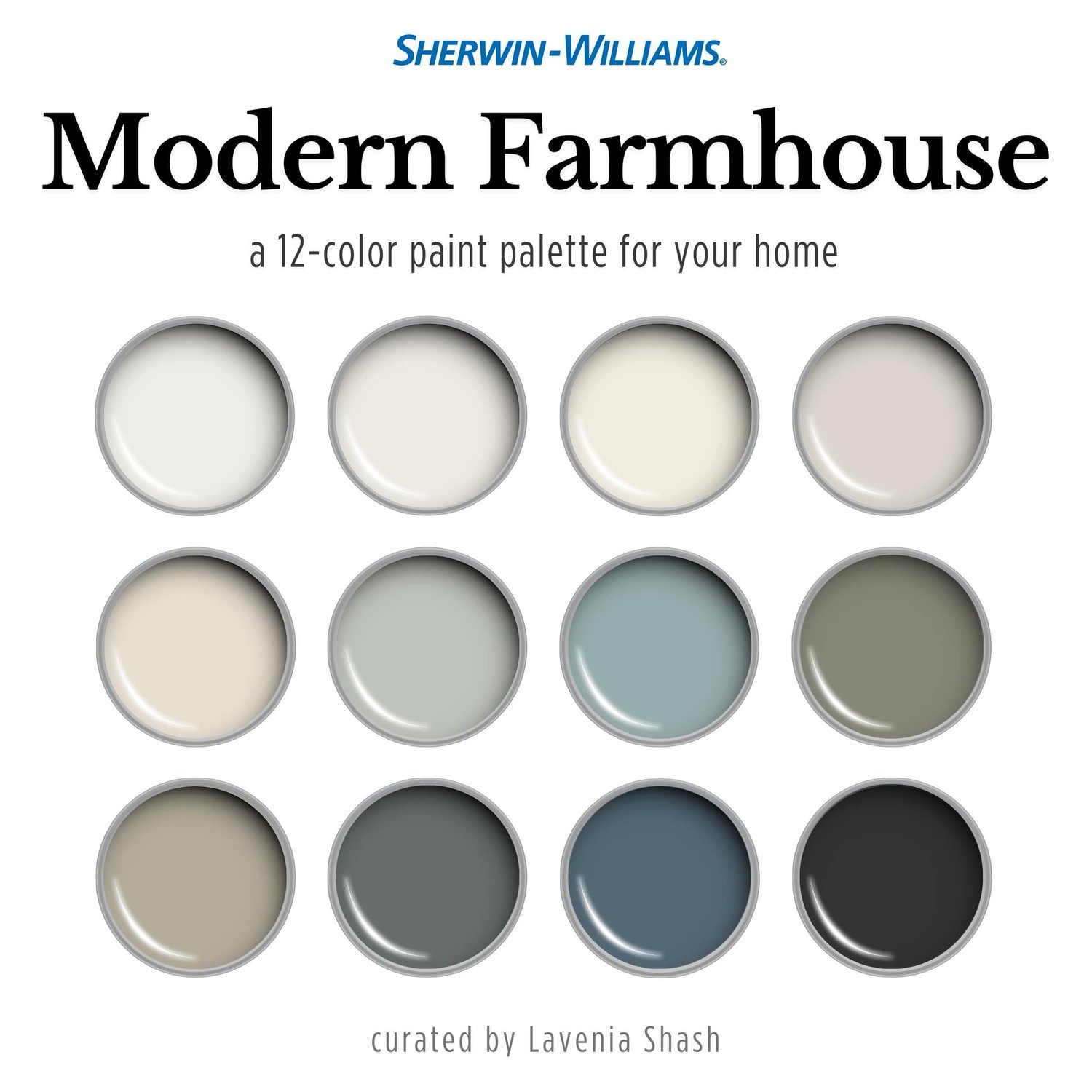 Modern Farmhouse paint color palette. Nordic, Cottage, Country, and Farmhouse-inspired interiors. Curated by Lavenia Shash.