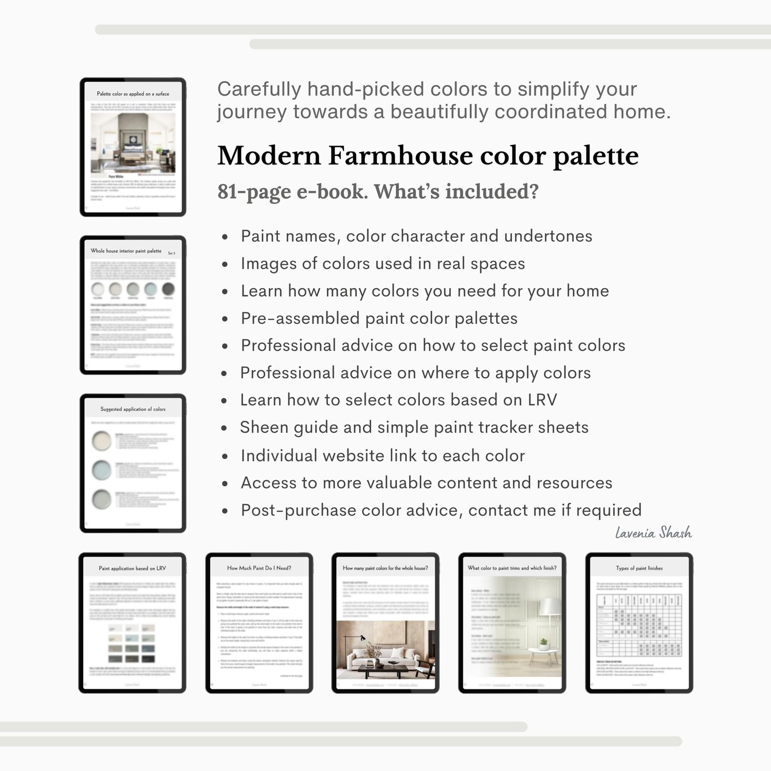 Modern Farmhouse paint color palette. Nordic, Cottage, Country, and Farmhouse-inspired interiors. Curated by Lavenia Shash.