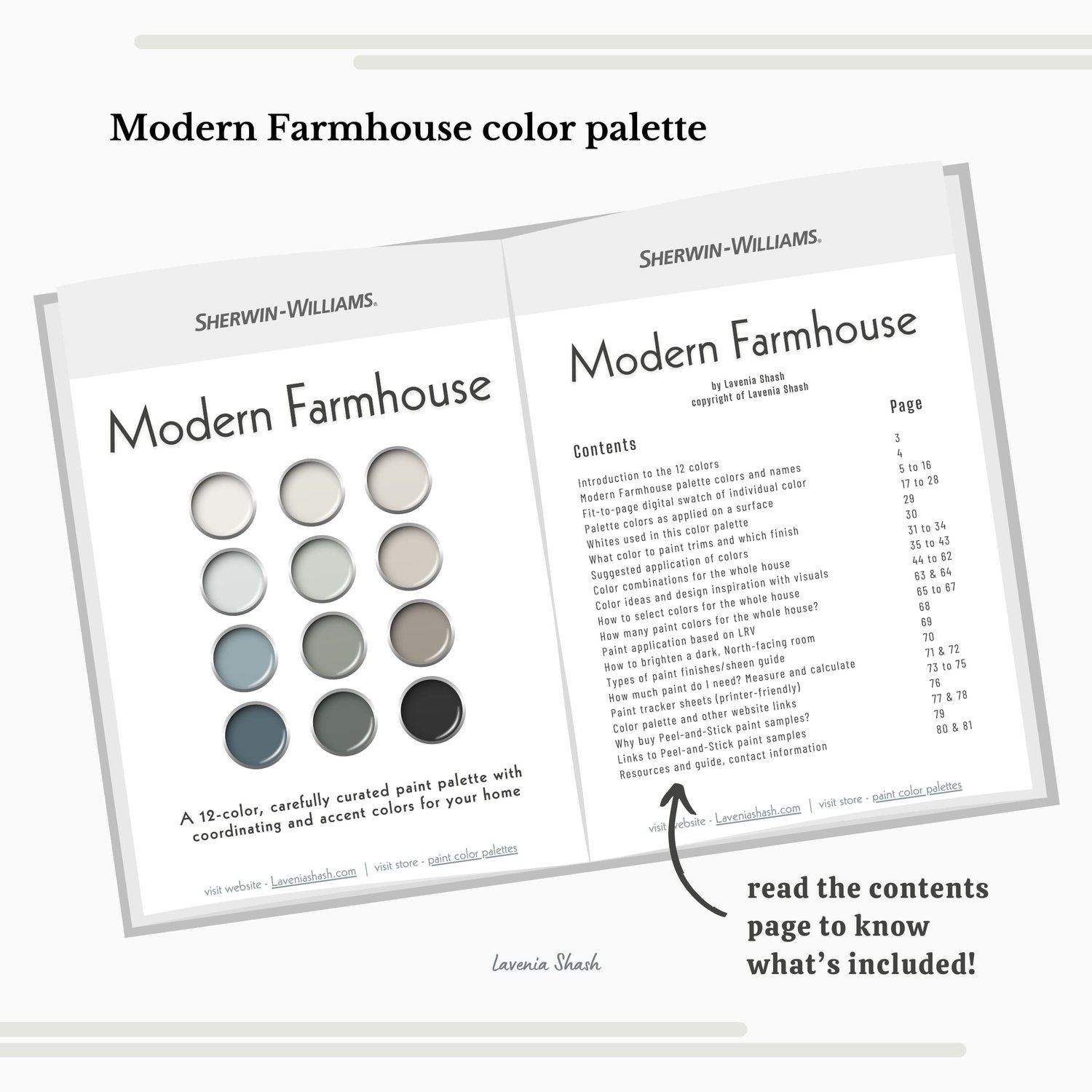 Modern Farmhouse paint color palette. Nordic, Cottage, Country, and Farmhouse-inspired interiors. Curated by Lavenia Shash.