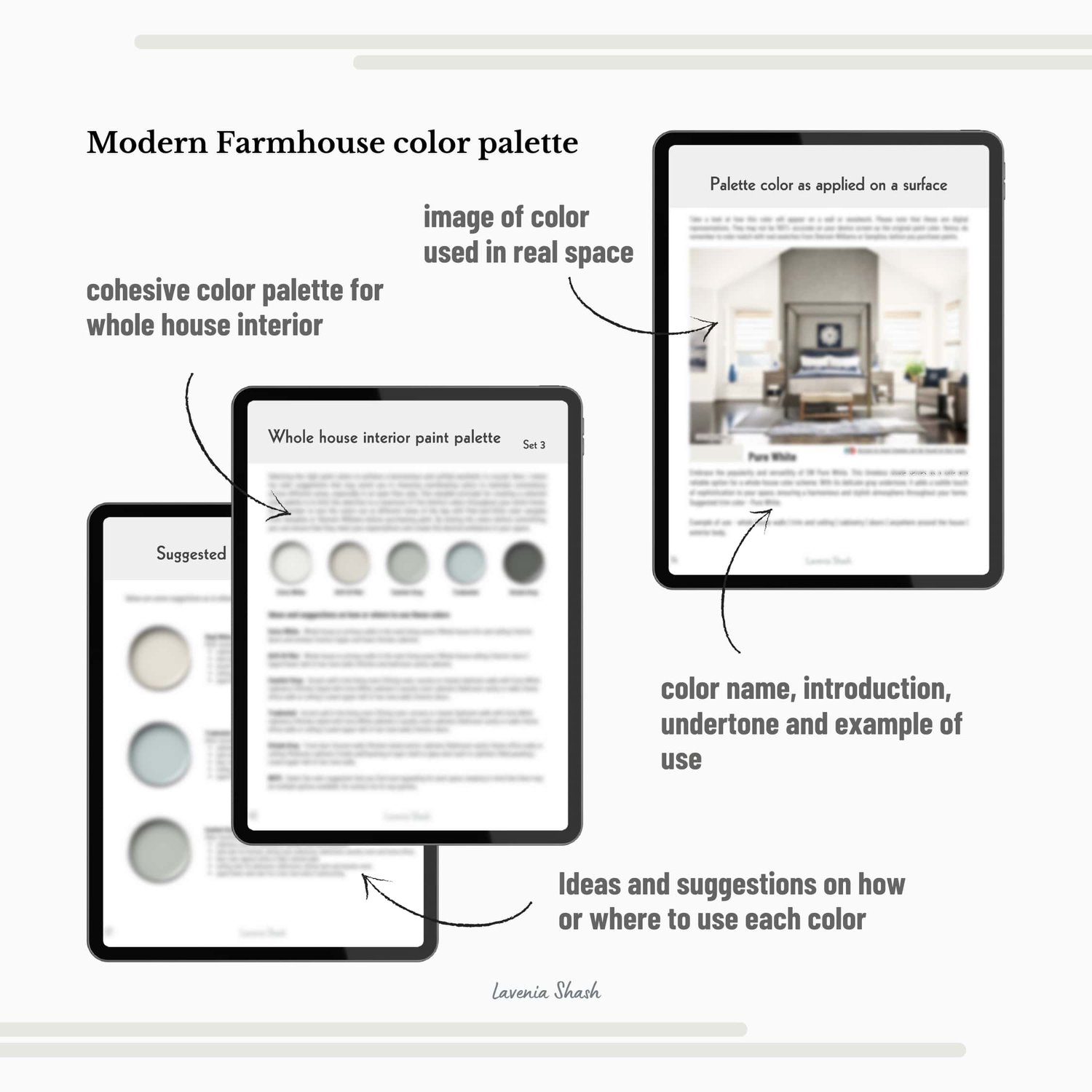 Modern Farmhouse paint color palette. Nordic, Cottage, Country, and Farmhouse-inspired interiors. Curated by Lavenia Shash.
