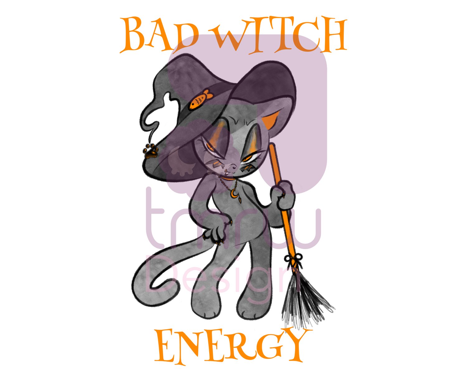 A black and orange anthropomorphic cat in a witch hat holds an orange and black broom. Orange text reads "Bad Witch Energy."