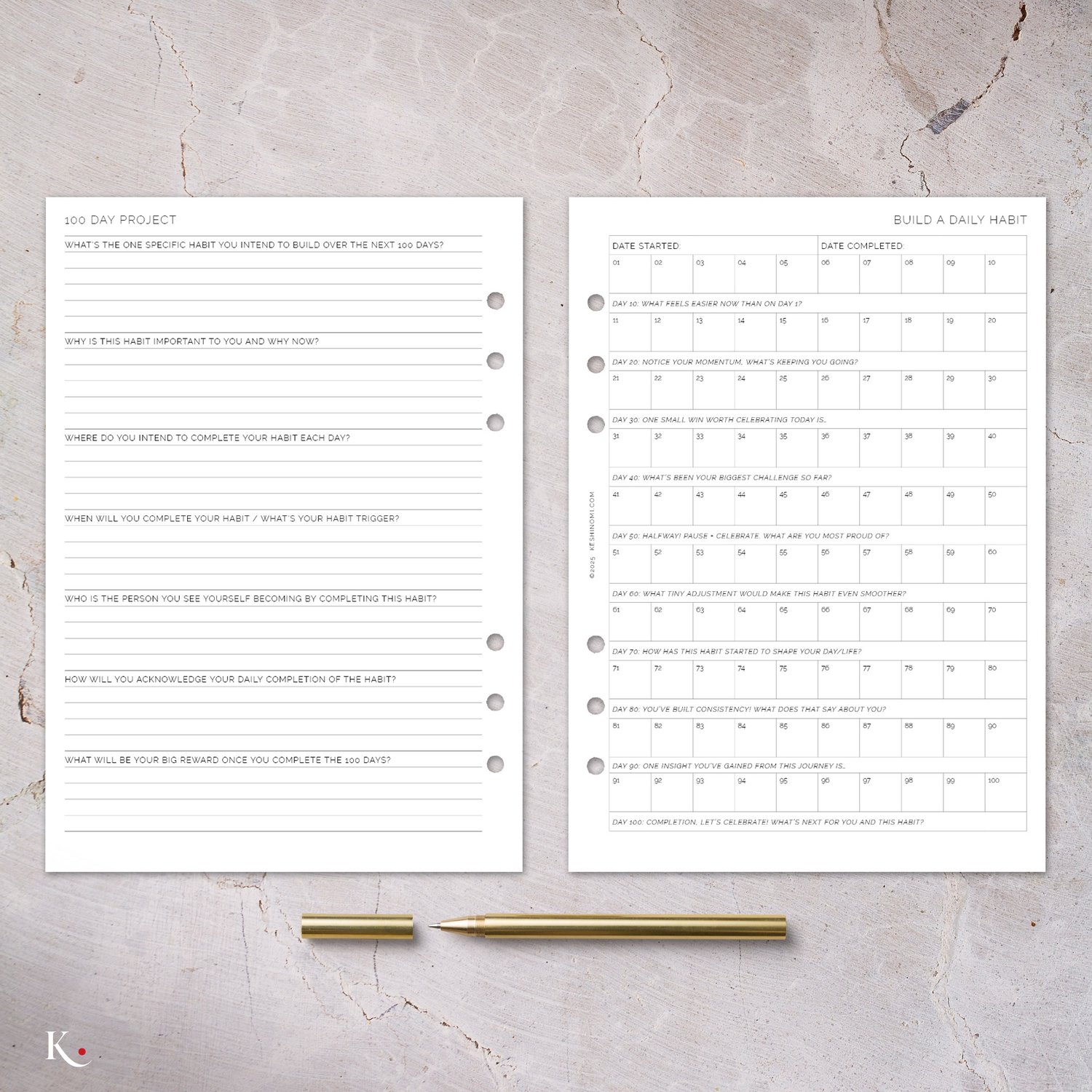 100 Day Project - Daily Habit Tracker | A5 Printable Planner Insert