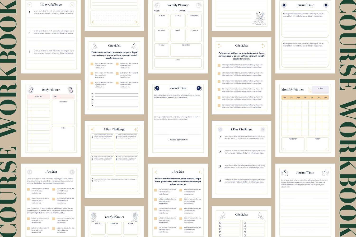 Example of the worksheet pages included in this Canva workbook template.
