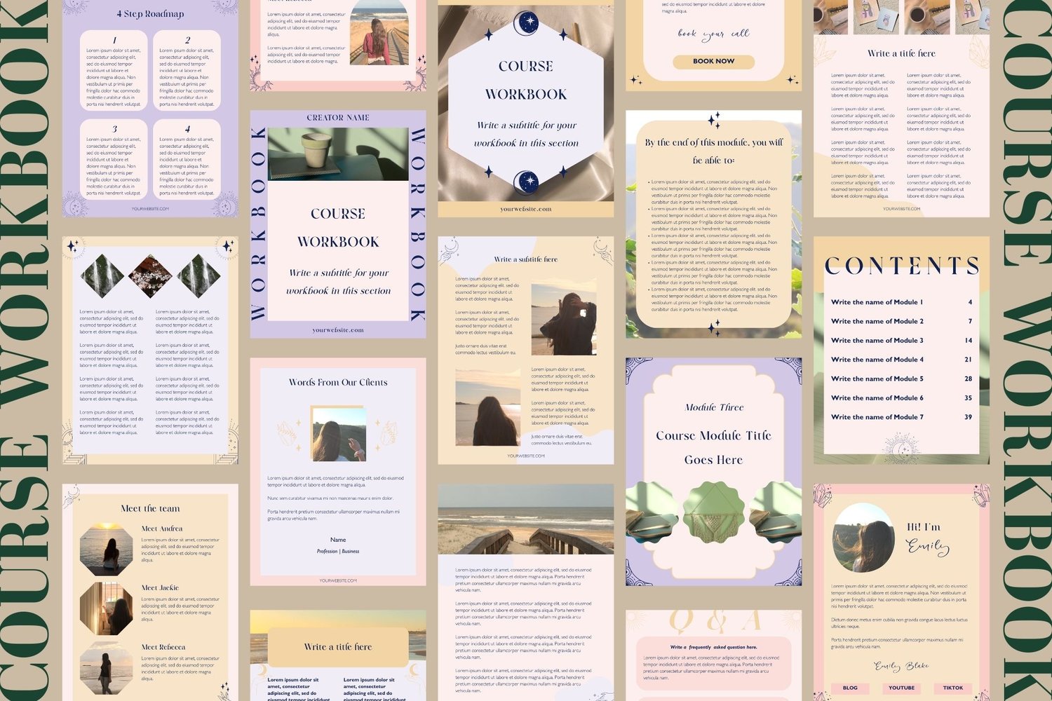 Example of the workbook pages included in this Canva workbook template.