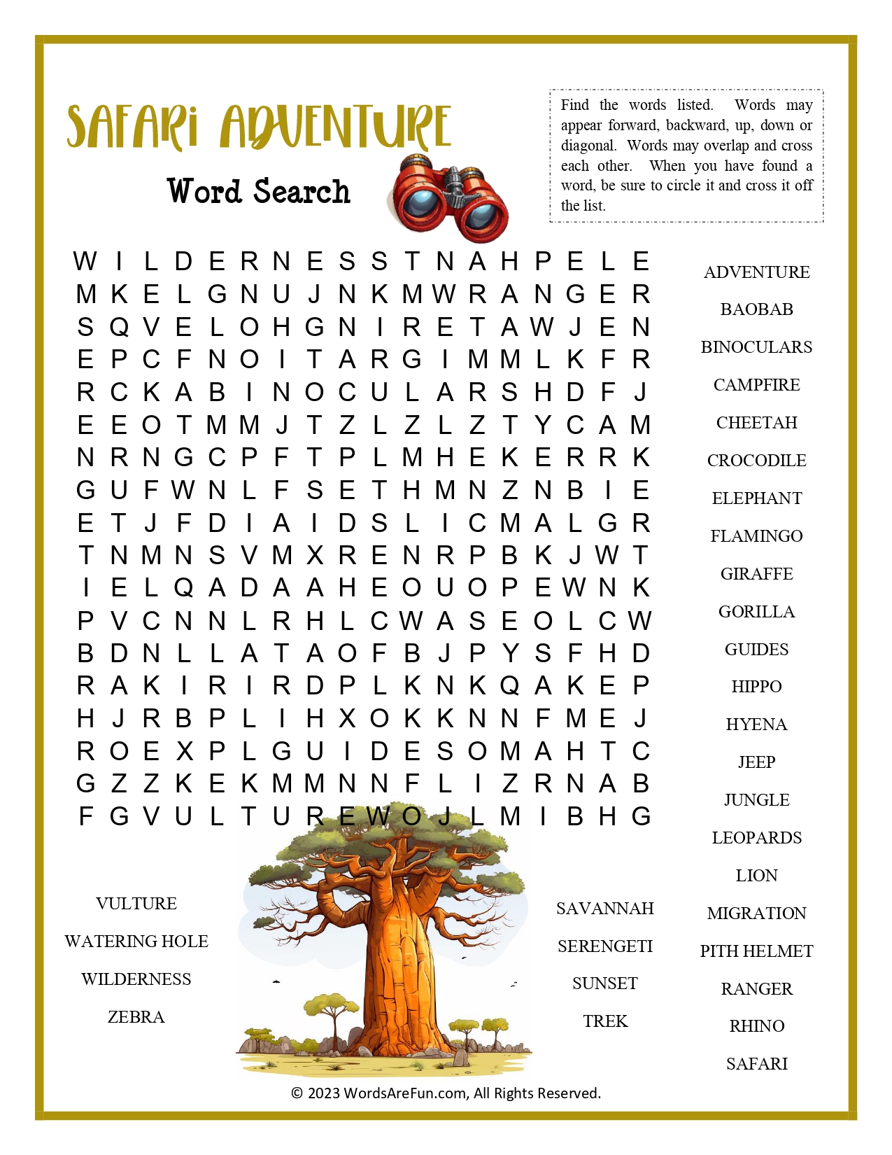 Safari Adventure Word Search PDF | Printable Animal Puzzle for Kids ...
