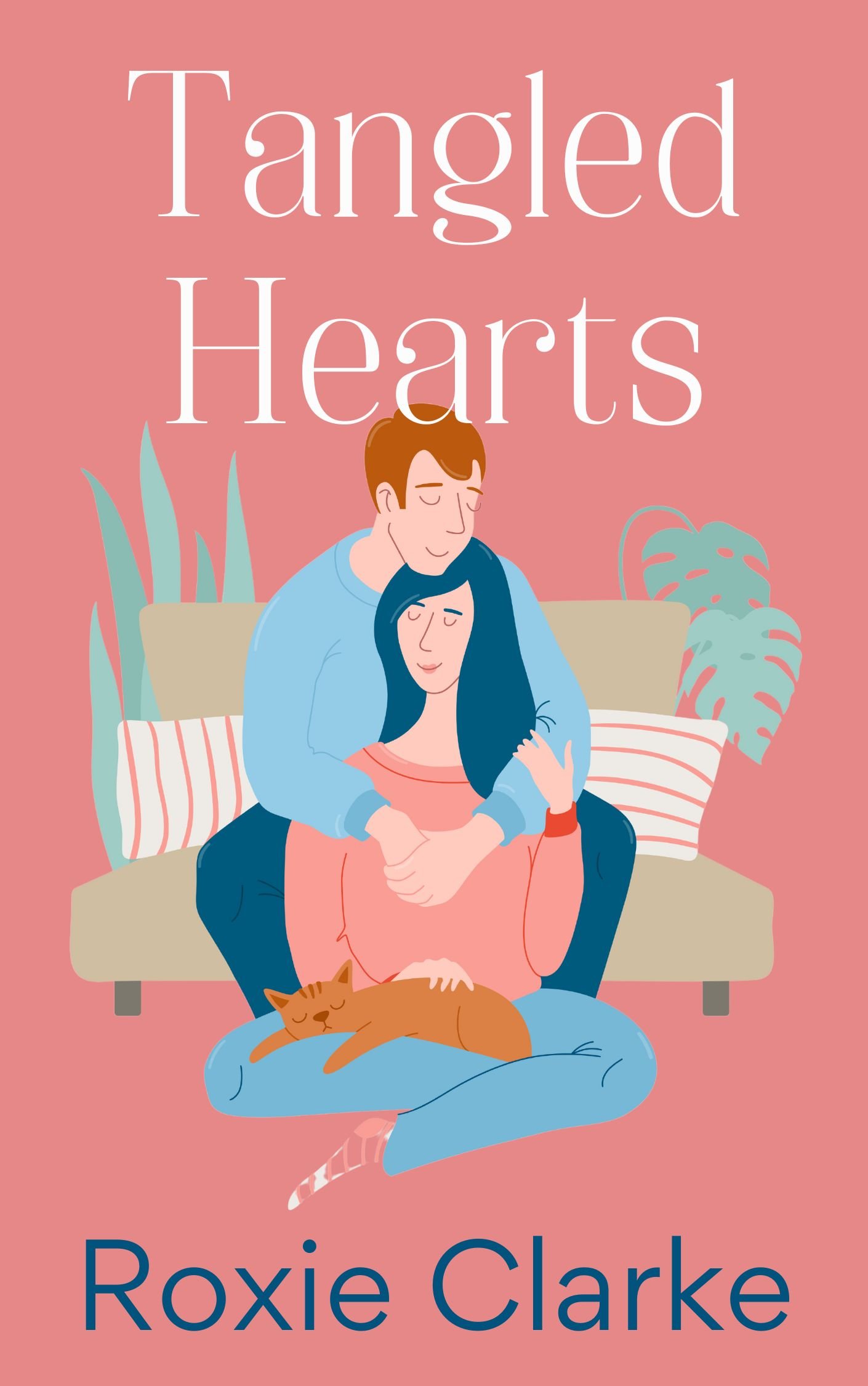 Book cover titled Tangled Hearts. Pink background with a white male/female couple sitting. He is on the couch, she's on the floor in front of him with a cat on her lap. There are houseplants on either side of the couch.