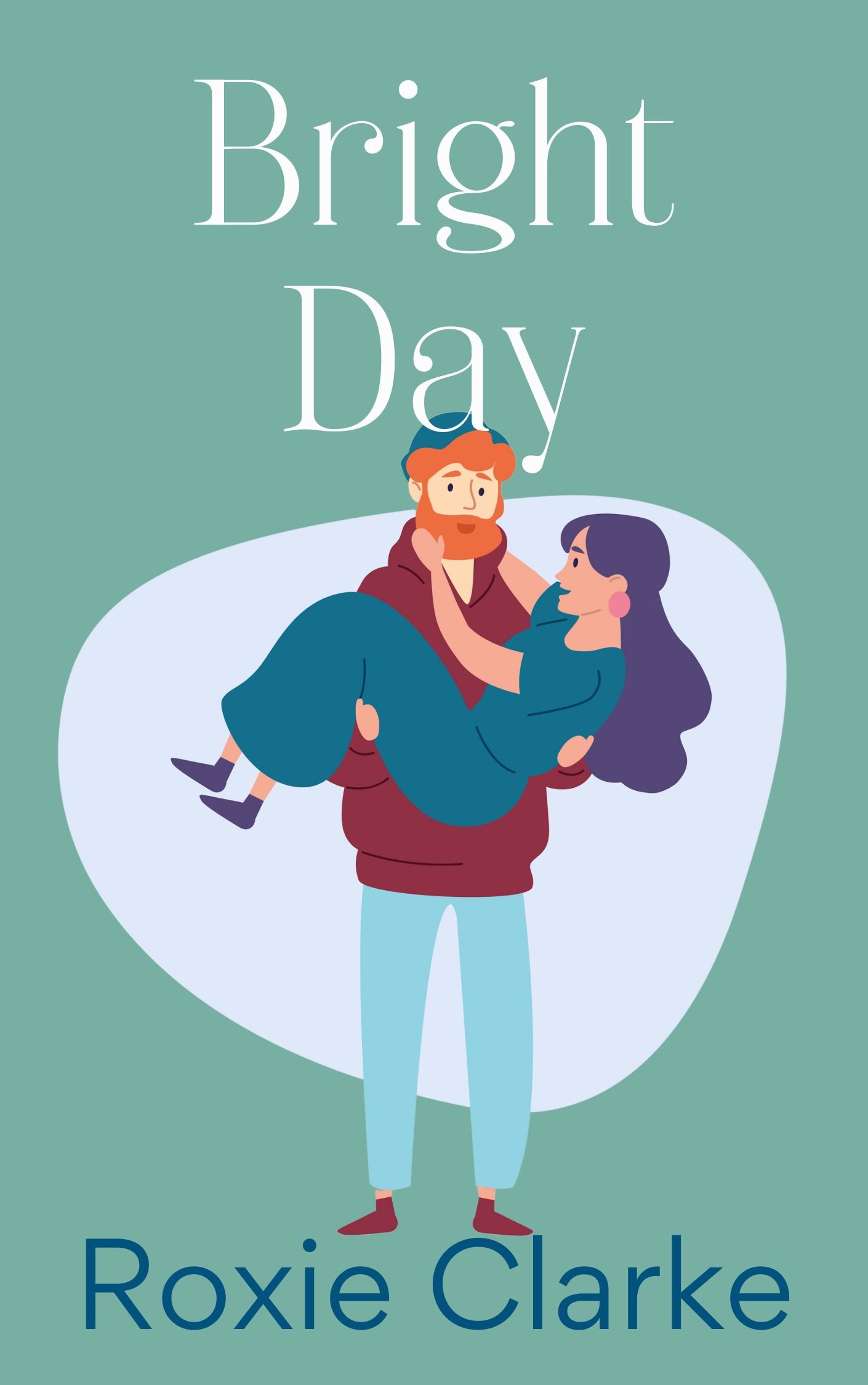 Book cover titled Bright Day. Sage green background with a white male/female couple. He's carrying her in his arms. She has purple hair. He has red hair and beard.