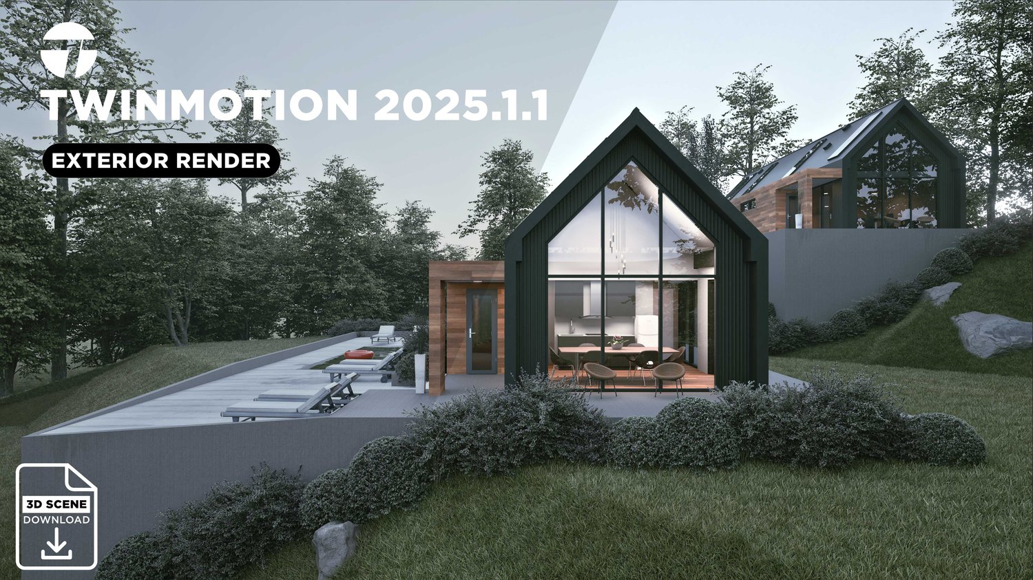 Exterior render of the Hill Side Modern House created with Revit and Twinmotion 2025, showcasing realistic lighting, materials, and environment for architectural visualization.