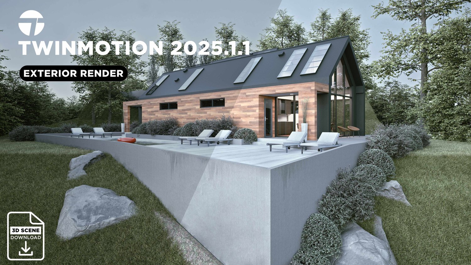 New perspective exterior render of the Hill Side Modern House using Revit and Twinmotion 2025, highlighting realistic lighting, materials, and atmosphere for architectural visualization
