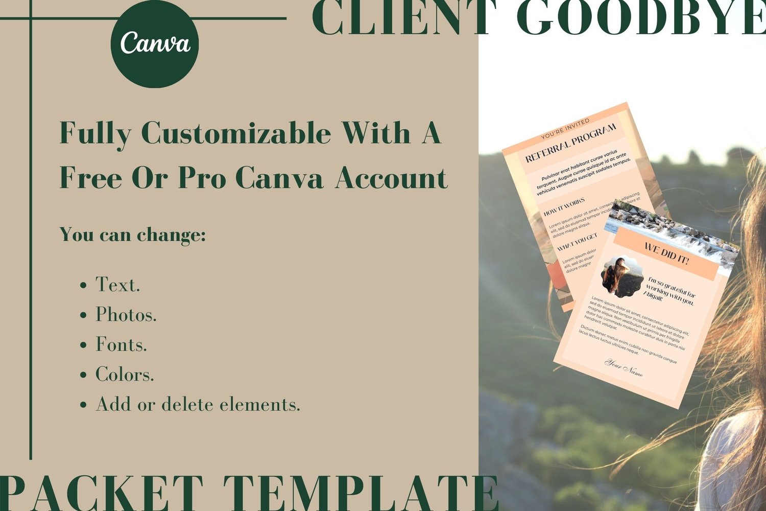 Fully customizable with a free or Pro Canva account. You can change text, photos, fonts, colors, and add or delete elements.