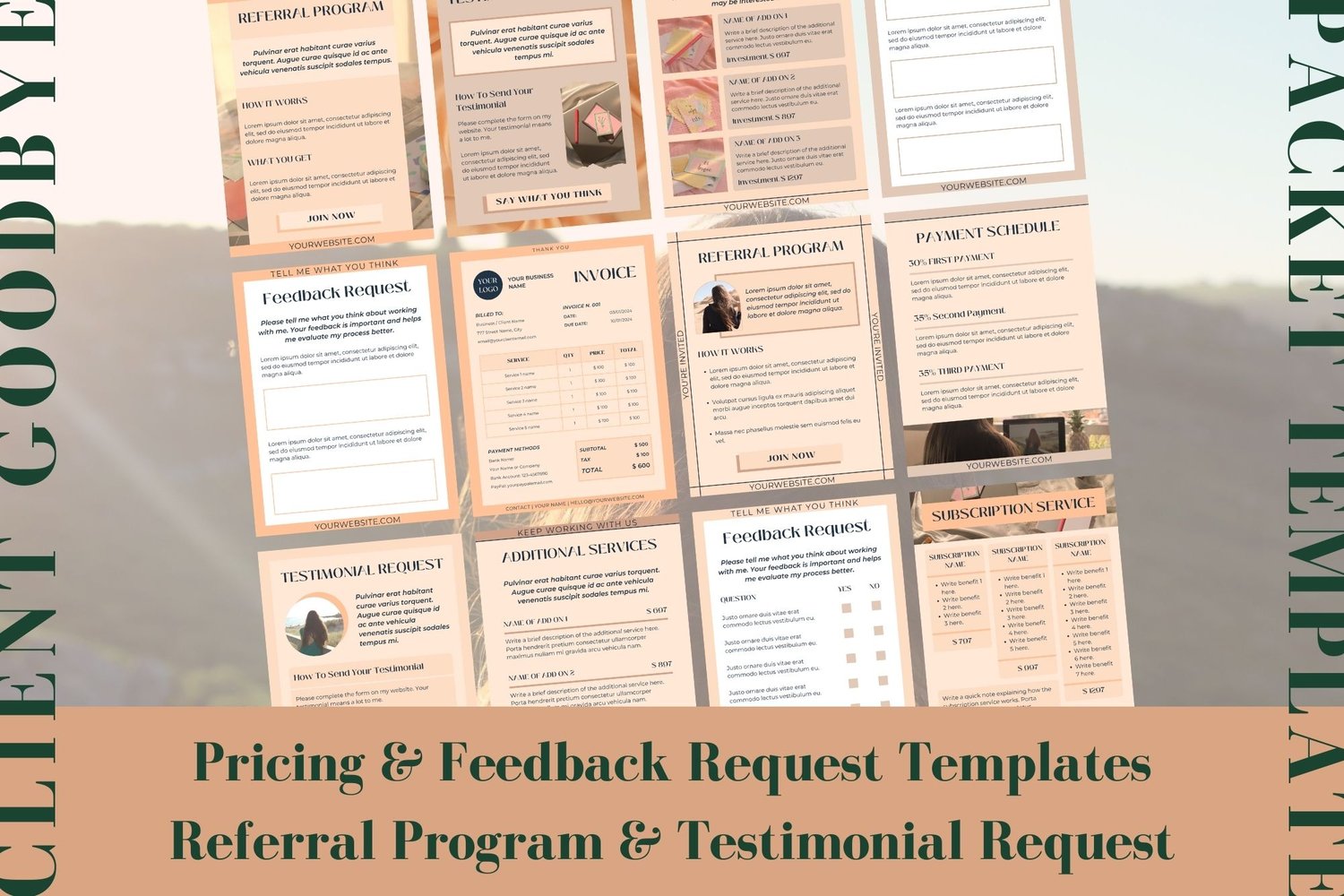 This template includes pricing and feedback request templates. It also includes referral program templates and testimonial request templates.