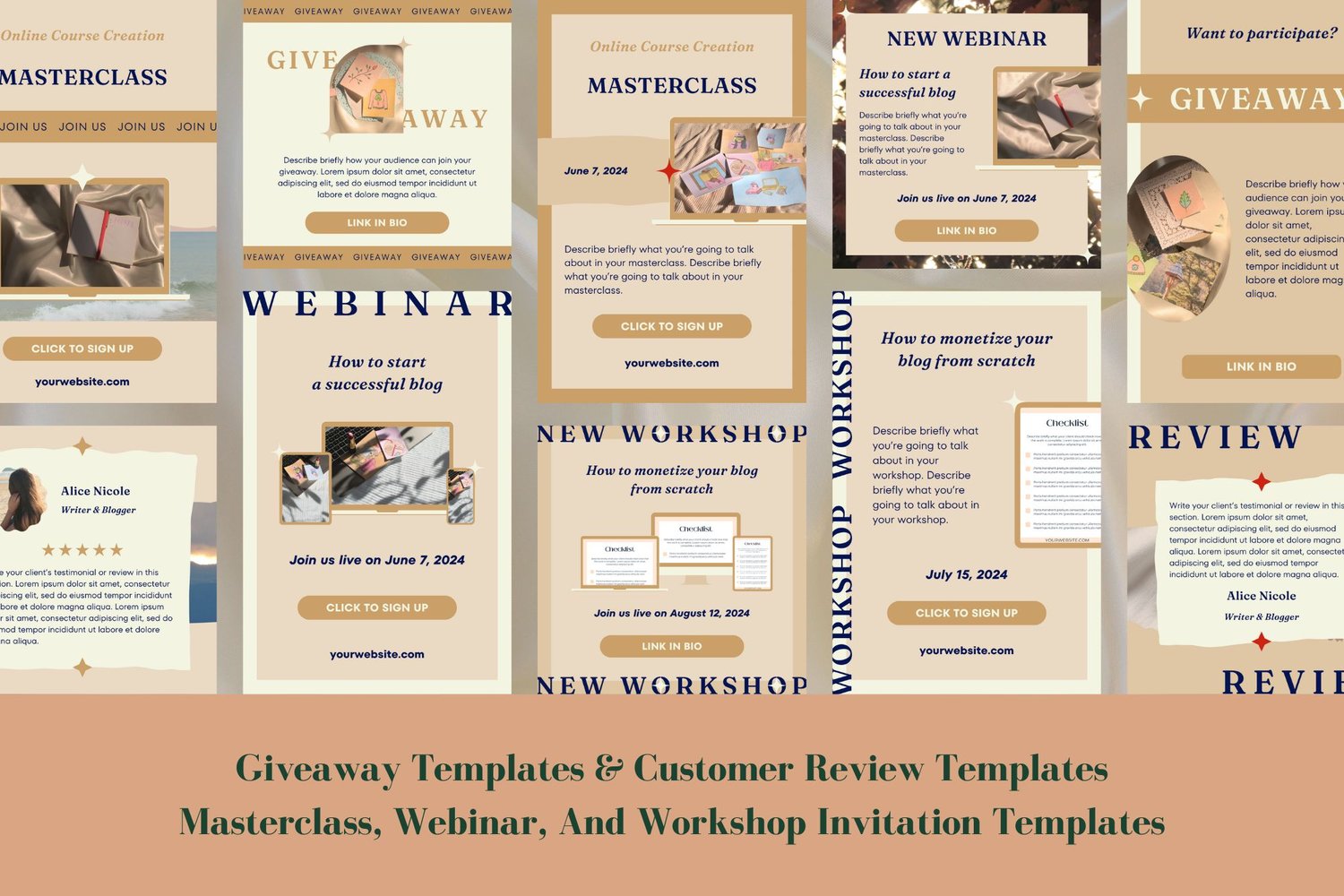 This template includes giveaway templates and customer reviews templates. It also includes masterclass, webinar and workshop invitation templates.