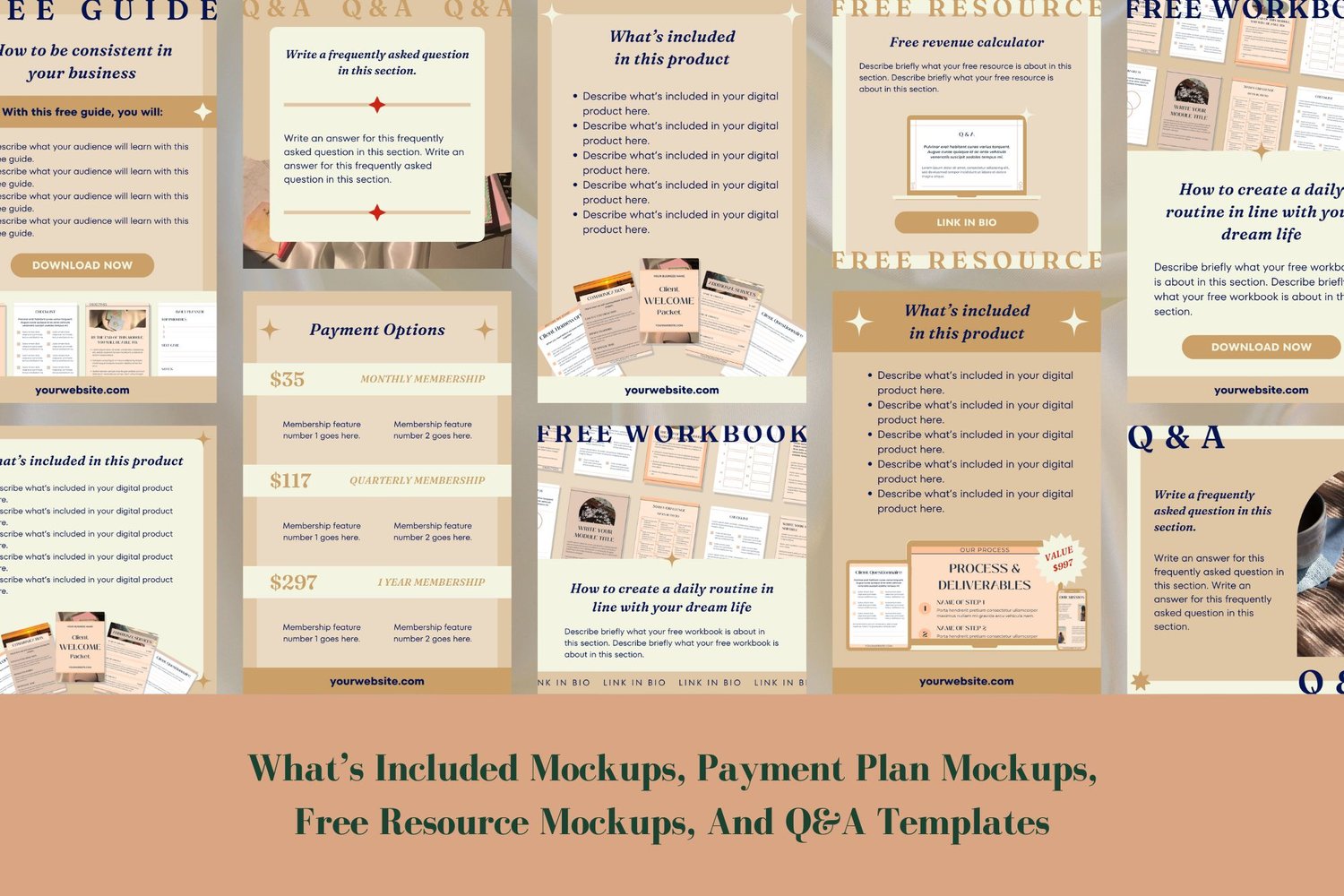 Whats included mockups and payment plan mockups. Free resource mockups and Q&A templates.