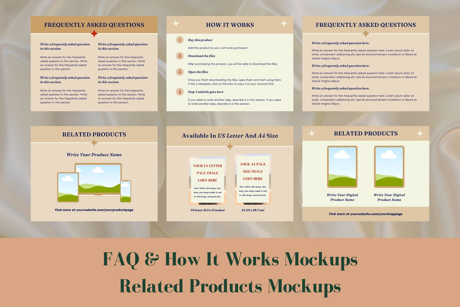 Example of the FAQ, how it works, and related product mockups.