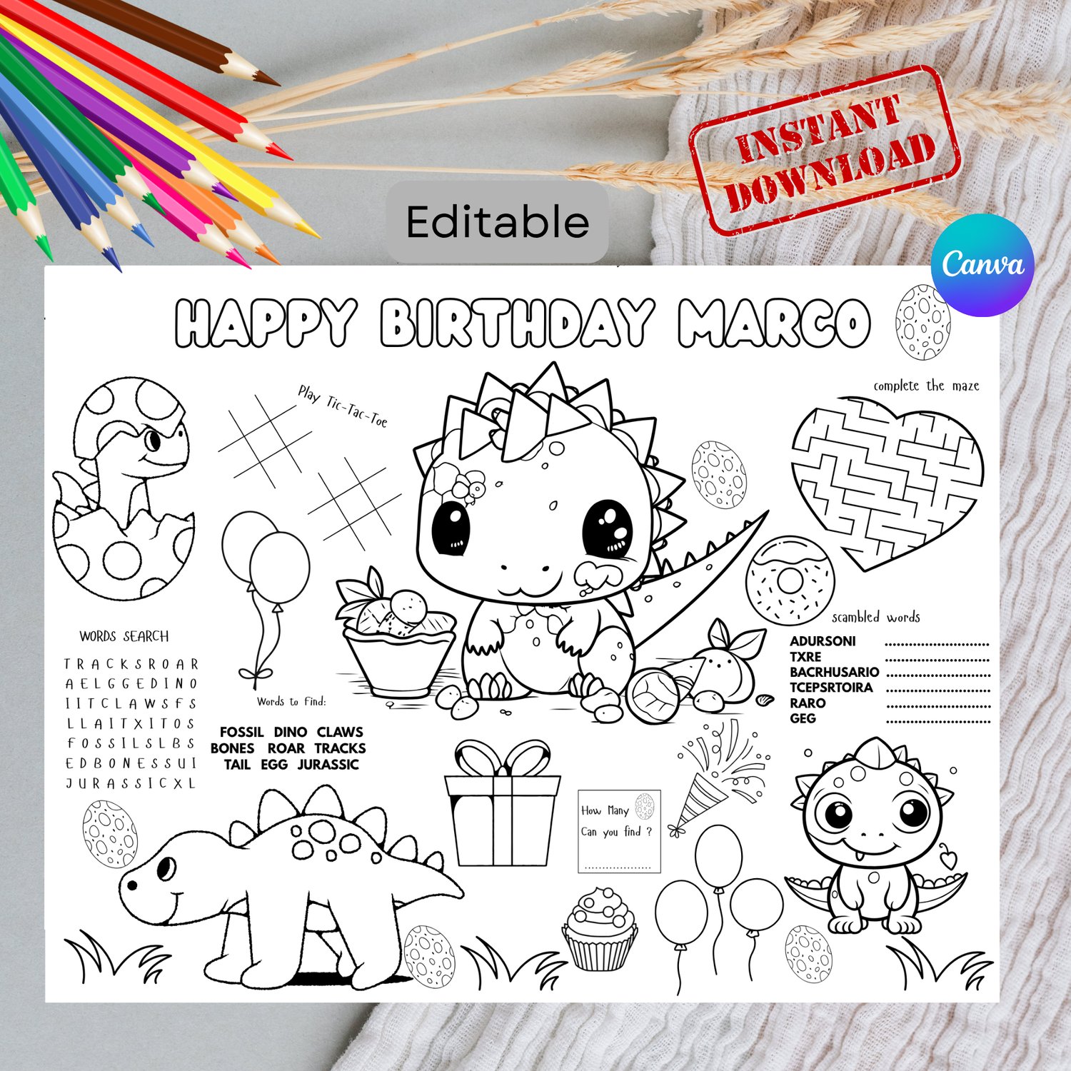 Editable Dinosaur Coloring Placemat, Printable Birthday Party Favor ...