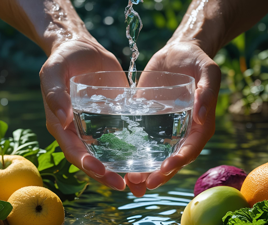 Hands hold a glass of fresh water being poured, surrounded by fruits and greens, symbolizing nourishment and support for the body during lightbody activations.