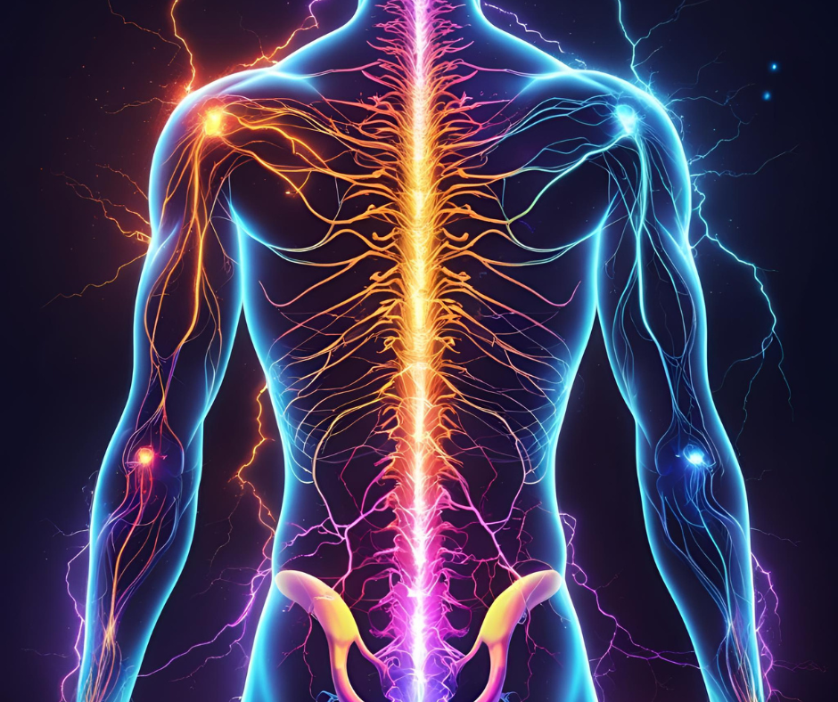 Human body outline with energy currents, electrical Light flowing through spine and nervous system