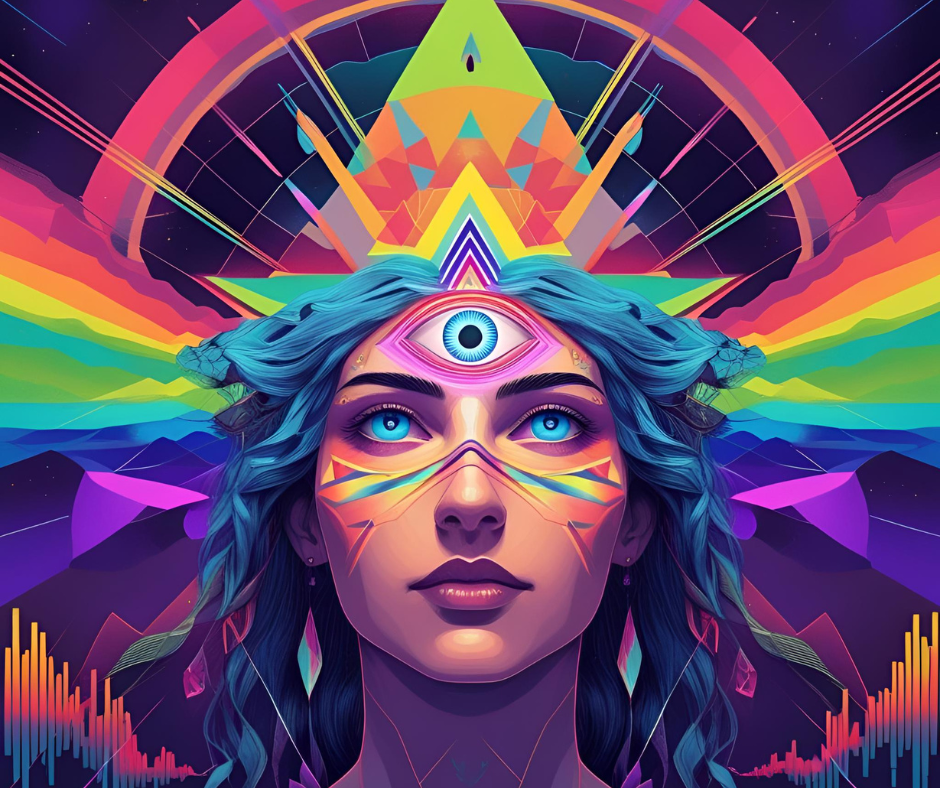 Third eye opening with geometric patterns, sound waves, and rainbow Light emanating from head