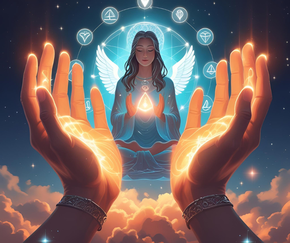 Person with glowing hands receiving downloads, spirit guides in background, intuitive symbols floating