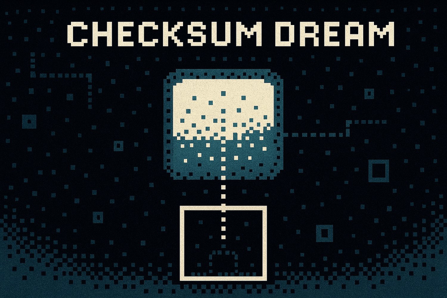 Pixel art illustration of an abstract digital landscape in dark blue, teal, and black tones. A glowing rectangular frame hovers near the center, connected to a dotted vertical line that links to a square display below. Around it, pixelated grids, boxes, a